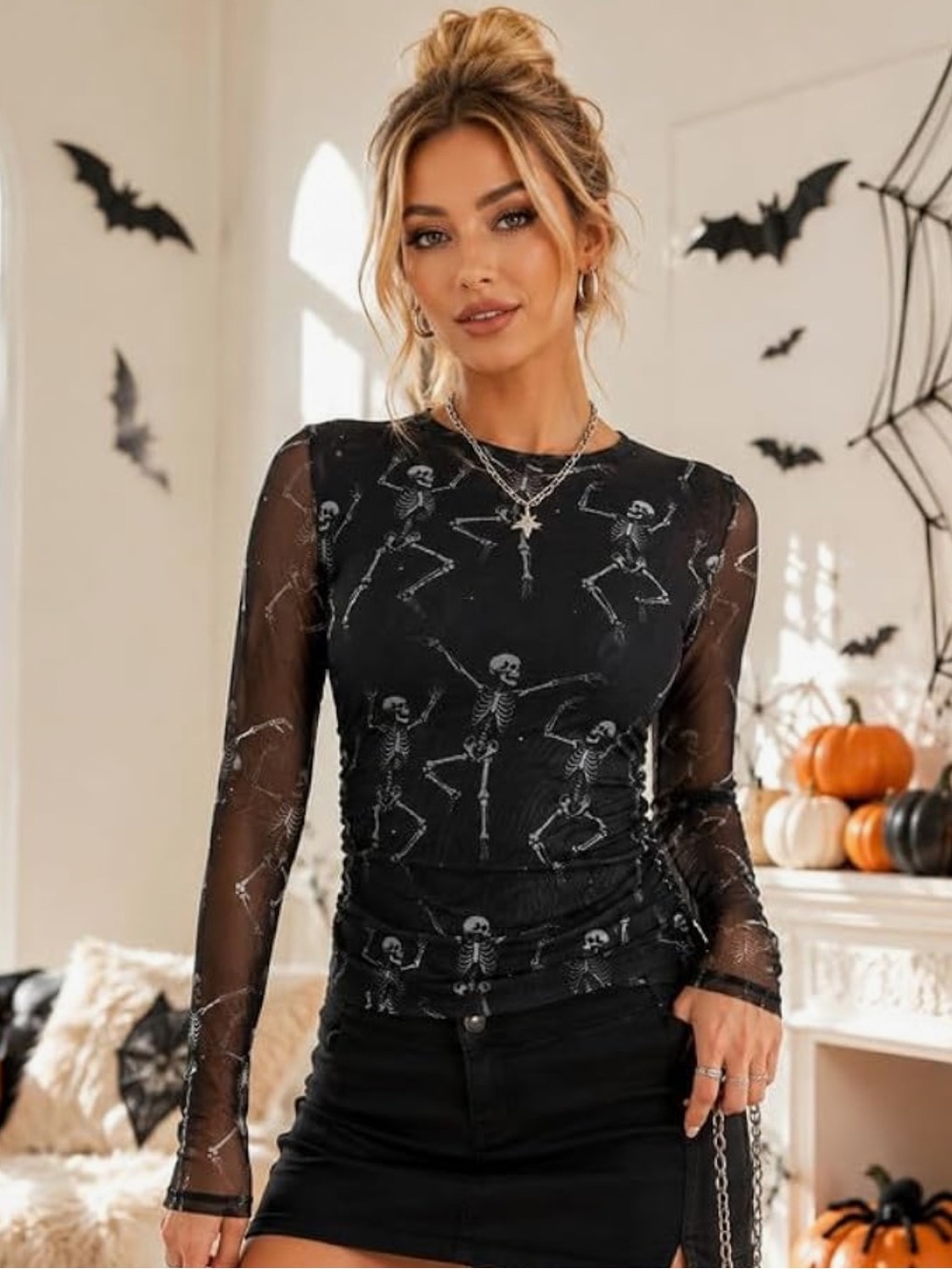 Black Skeleton Print Mesh Long-Sleeve Top - Picture 3 of 6